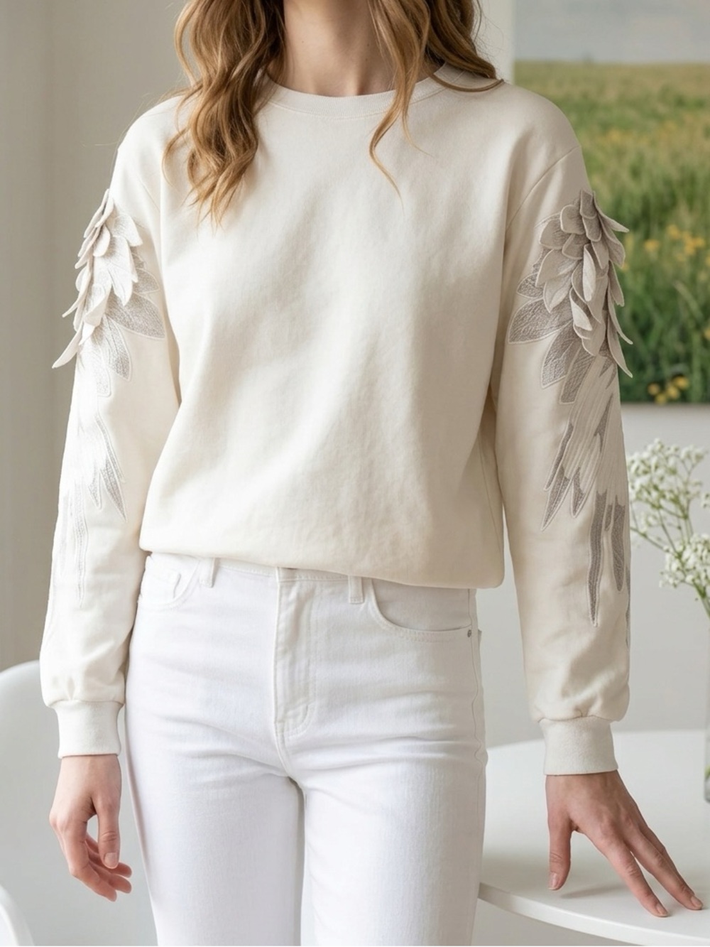 Embroidered Angel Wings Cream Crewneck Sweater US S/M Coquette Boho Angelcore